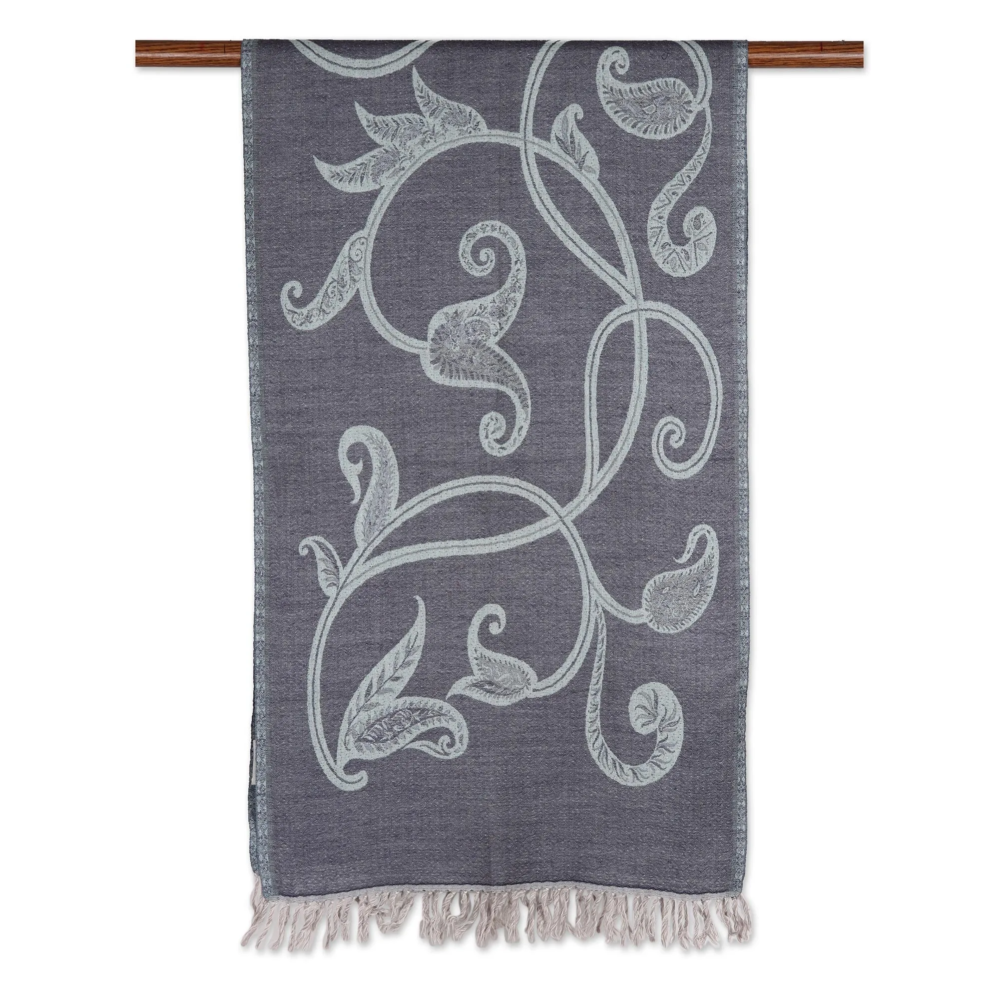 Reversible Leaf Motif Jamawar Wool Scarf in Grey-Blue - Subtle Garden in Grey-Blue | NOVICA