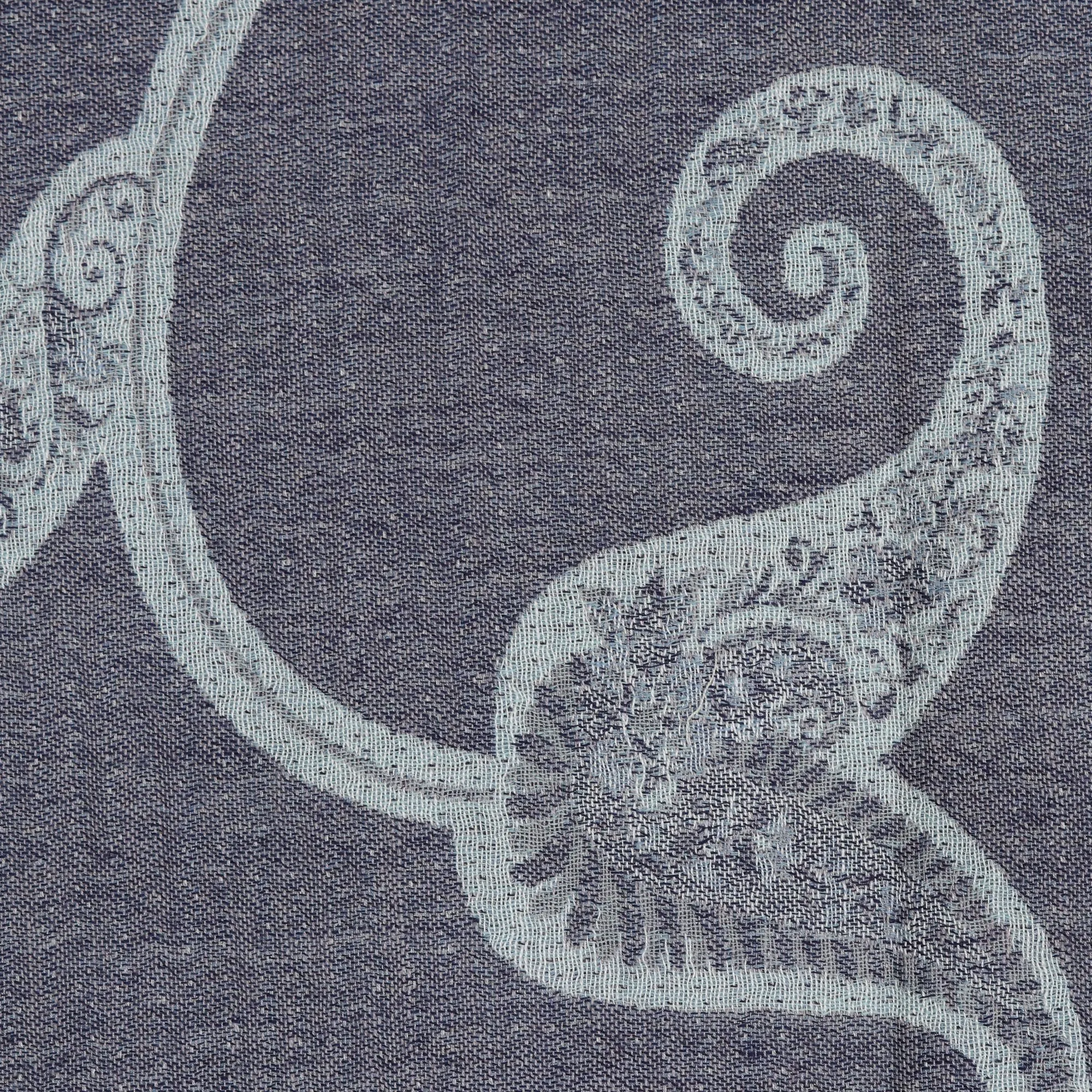 Reversible Leaf Motif Jamawar Wool Scarf in Grey-Blue - Subtle Garden in Grey-Blue | NOVICA