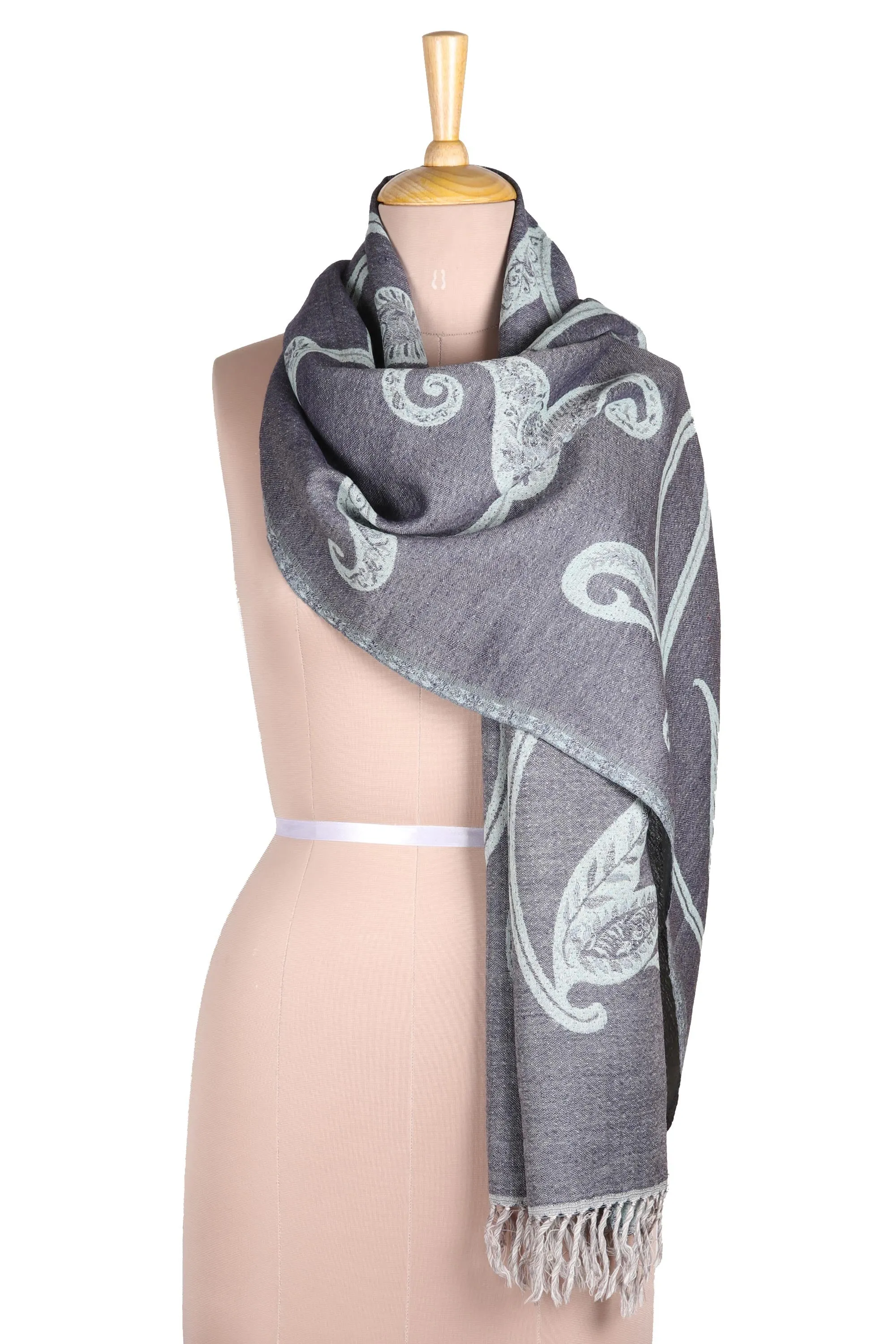 Reversible Leaf Motif Jamawar Wool Scarf in Grey-Blue - Subtle Garden in Grey-Blue | NOVICA