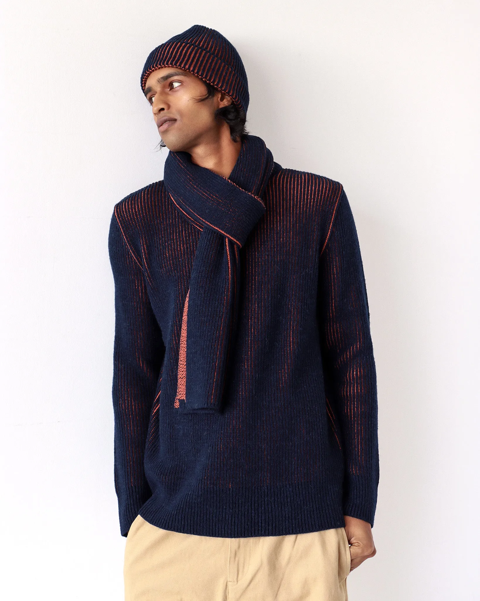 Ribbed Knit Scarf - Navy / Burnt Orange