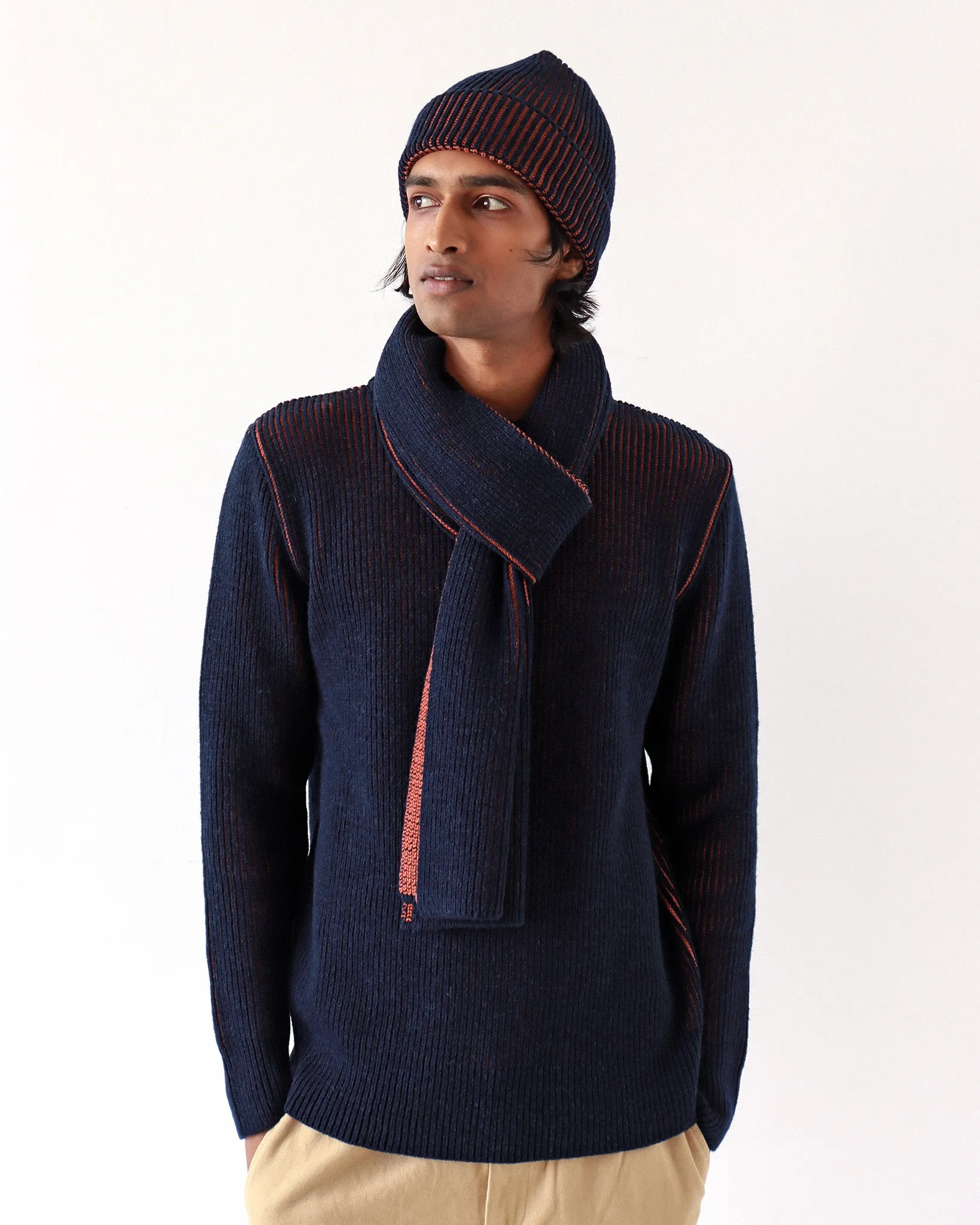 Ribbed Knit Scarf - Navy / Burnt Orange