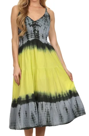 Sakkas Hannah Tie Dye Adjustable Spaghetti Strap V-Neck Cotton Dress