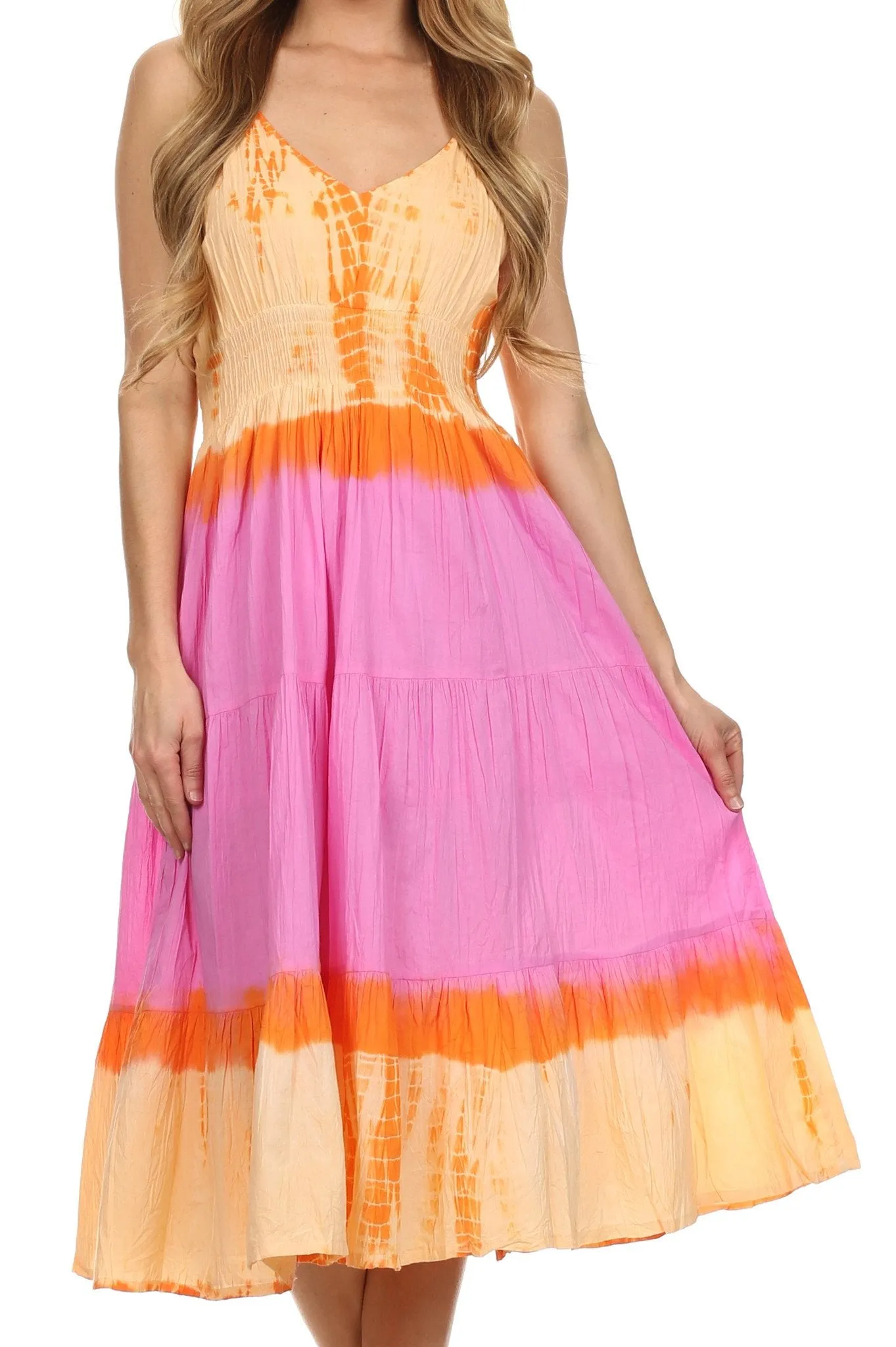 Sakkas Hannah Tie Dye Adjustable Spaghetti Strap V-Neck Cotton Dress