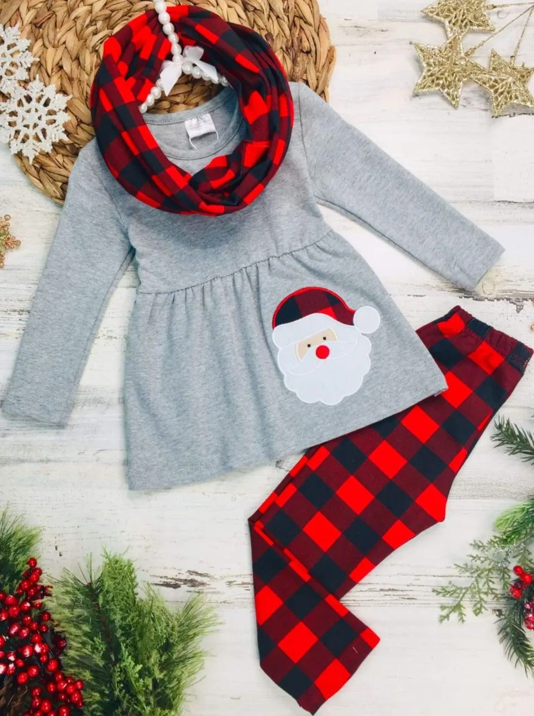 Sassy Santa Tunic, Plaid Scarf And Legging Set