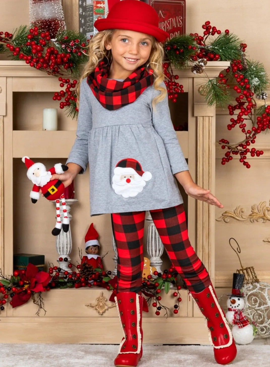 Sassy Santa Tunic, Plaid Scarf And Legging Set