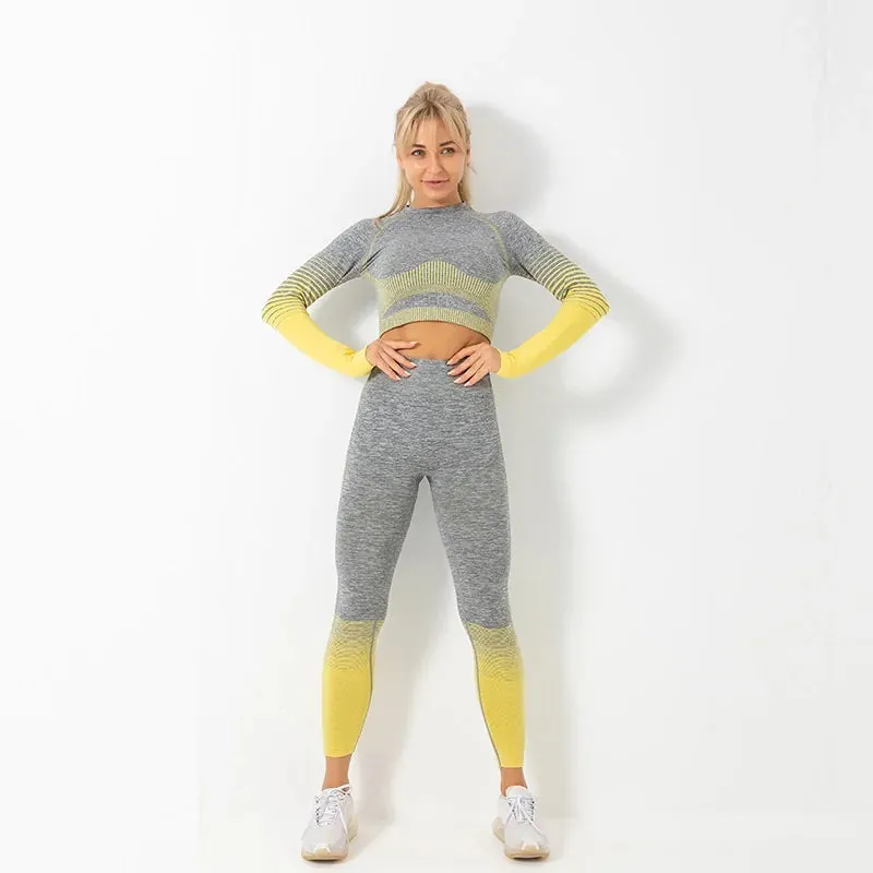 Seamless Ombre Long Sleeve Yoga Set: Women's High-Waisted Fitness Suit