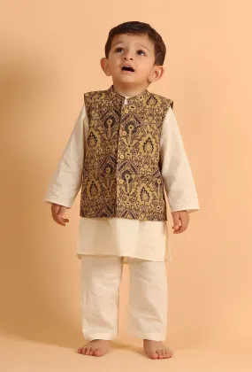 Set Of 3: Neil Off White Cotton Kurta, Pyjama & Khaki Ajrakh Print Jacket