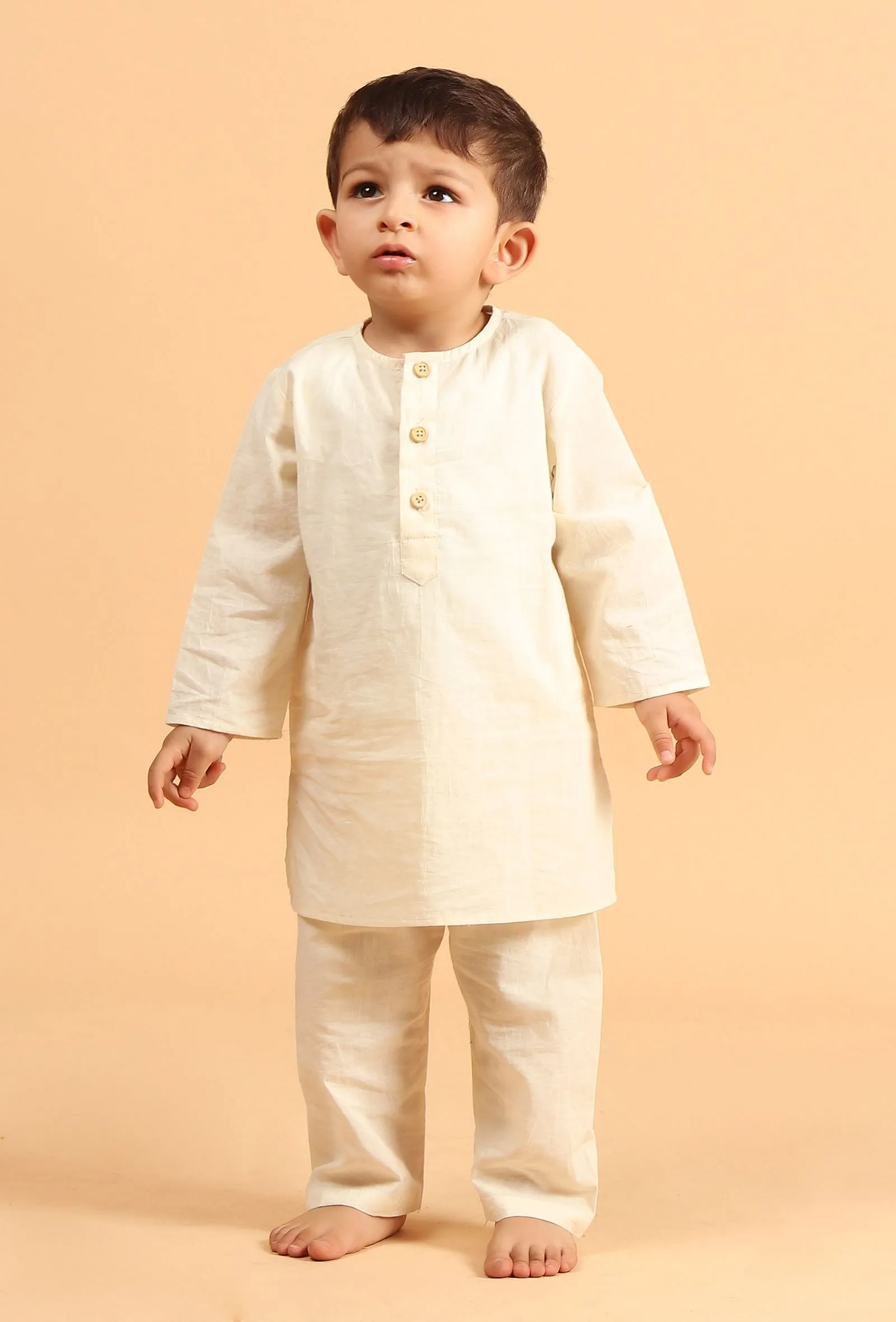 Set Of 3: Neil Off White Cotton Kurta, Pyjama & Khaki Ajrakh Print Jacket