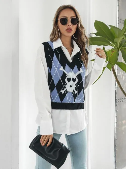 Skull Geometric V-Neck Sweater Vest