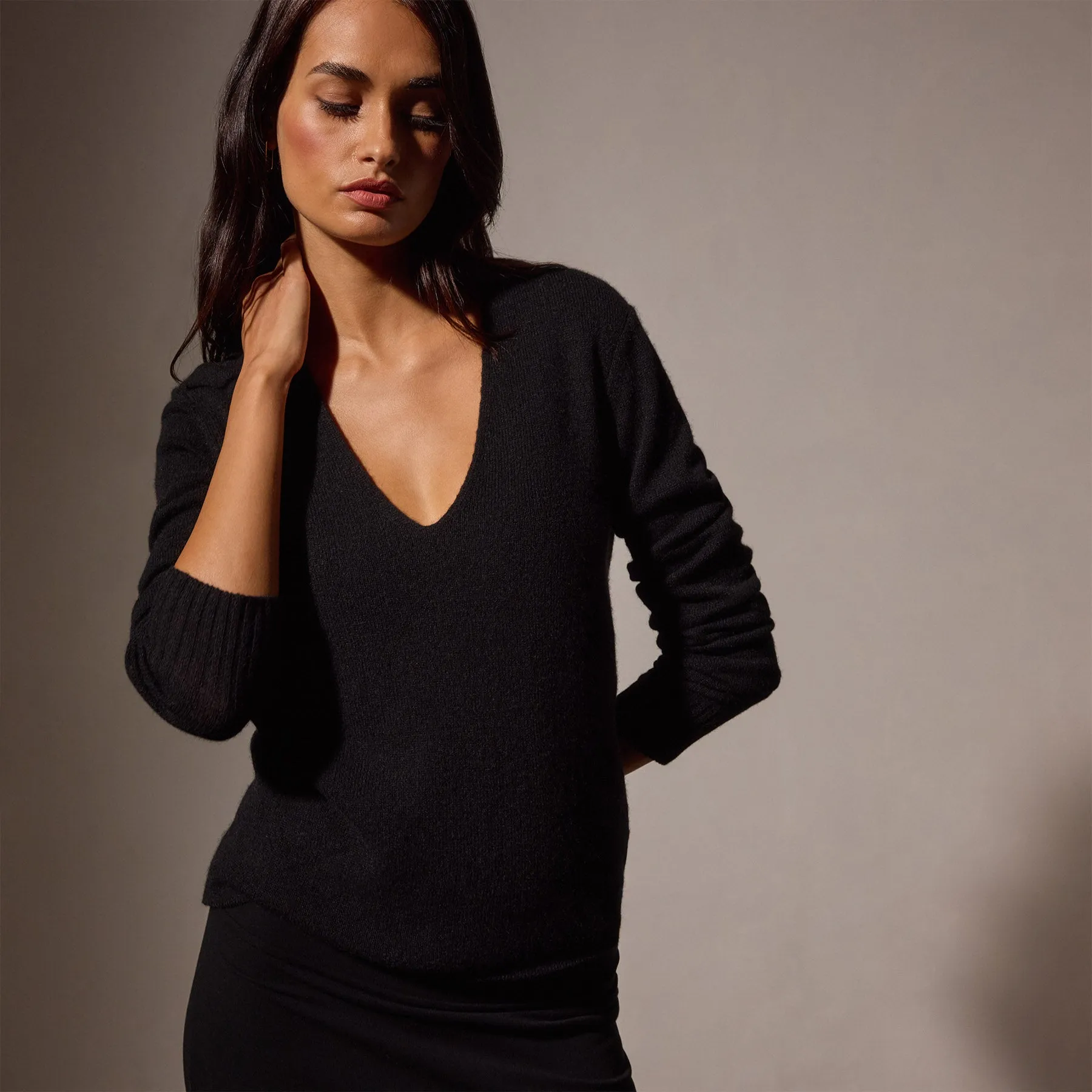 Soft Featherweight Cashmere Deep V Sweater - Black