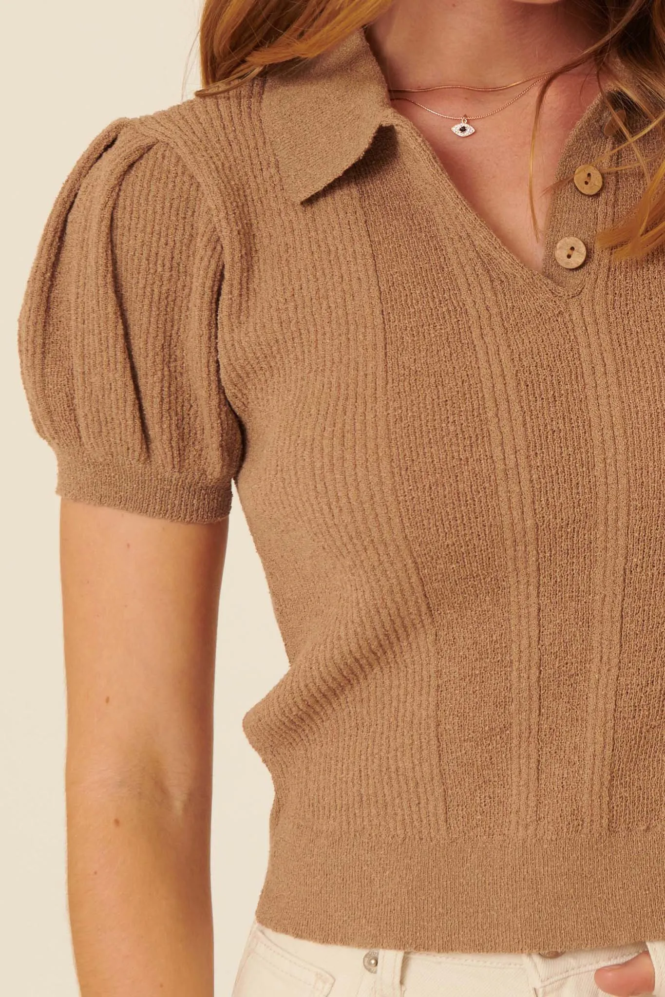 Speak Up Ribbed Puff-Sleeve Polo Sweater