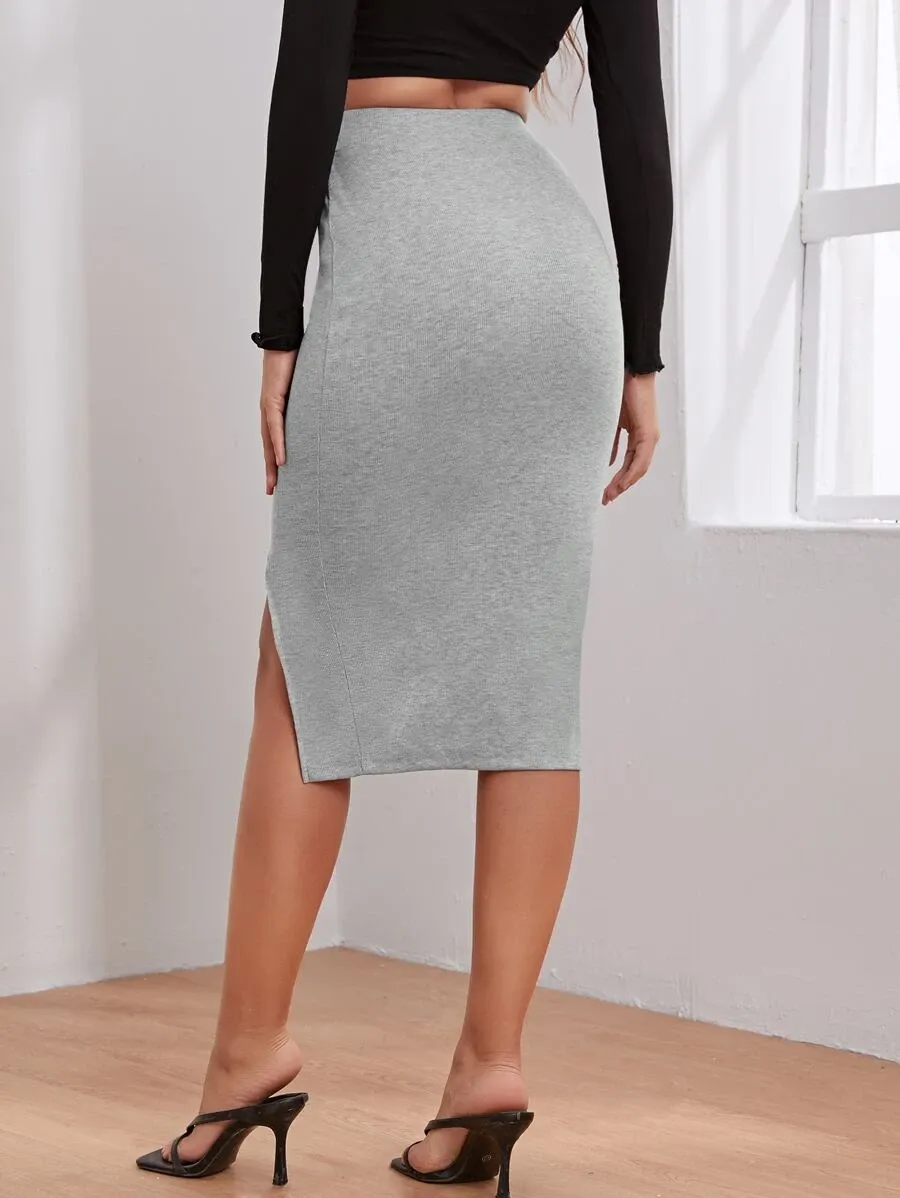 Split Hem Grey Pencil Skirt