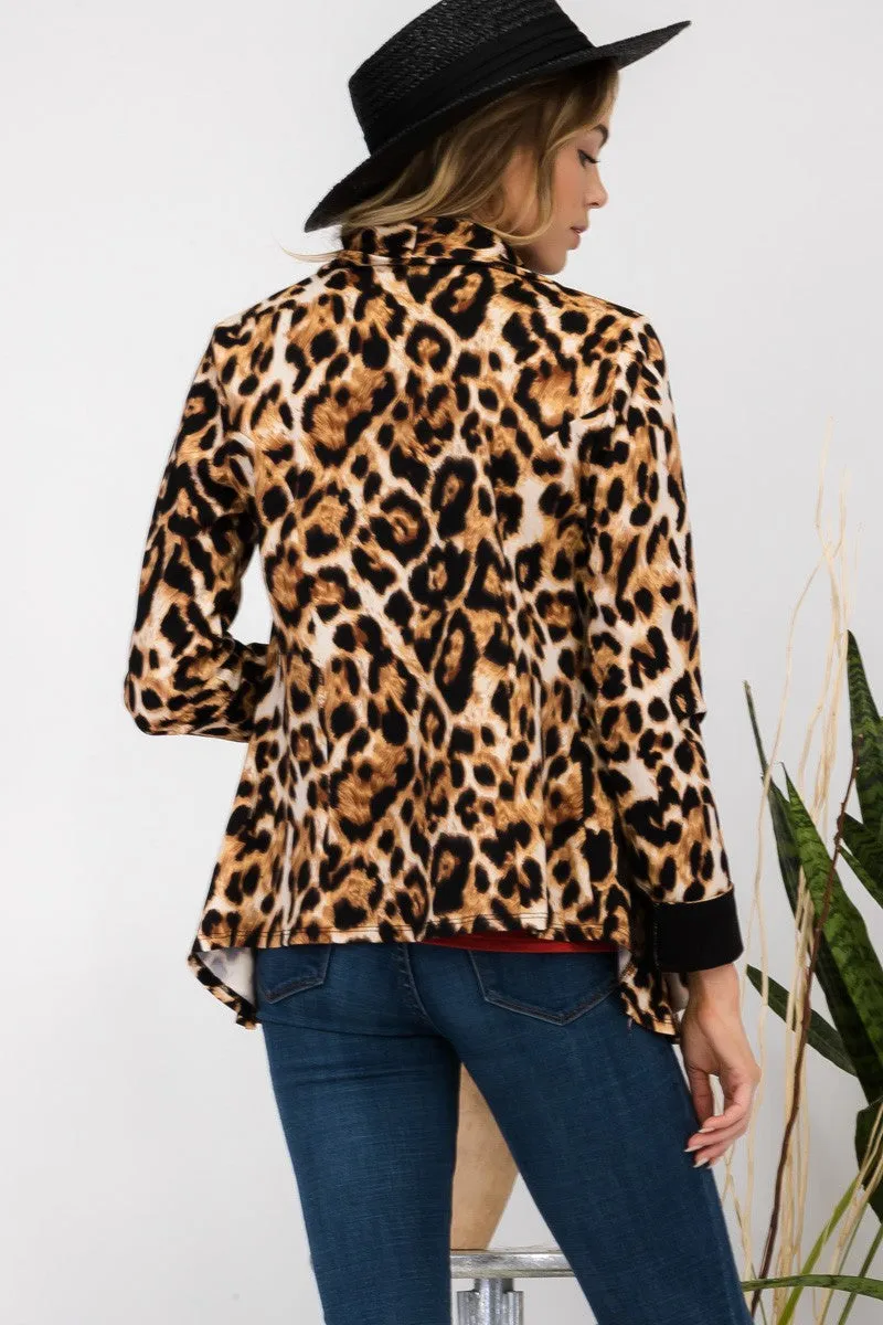 TEEK - Leopard Open Front Long Sleeve Blazer