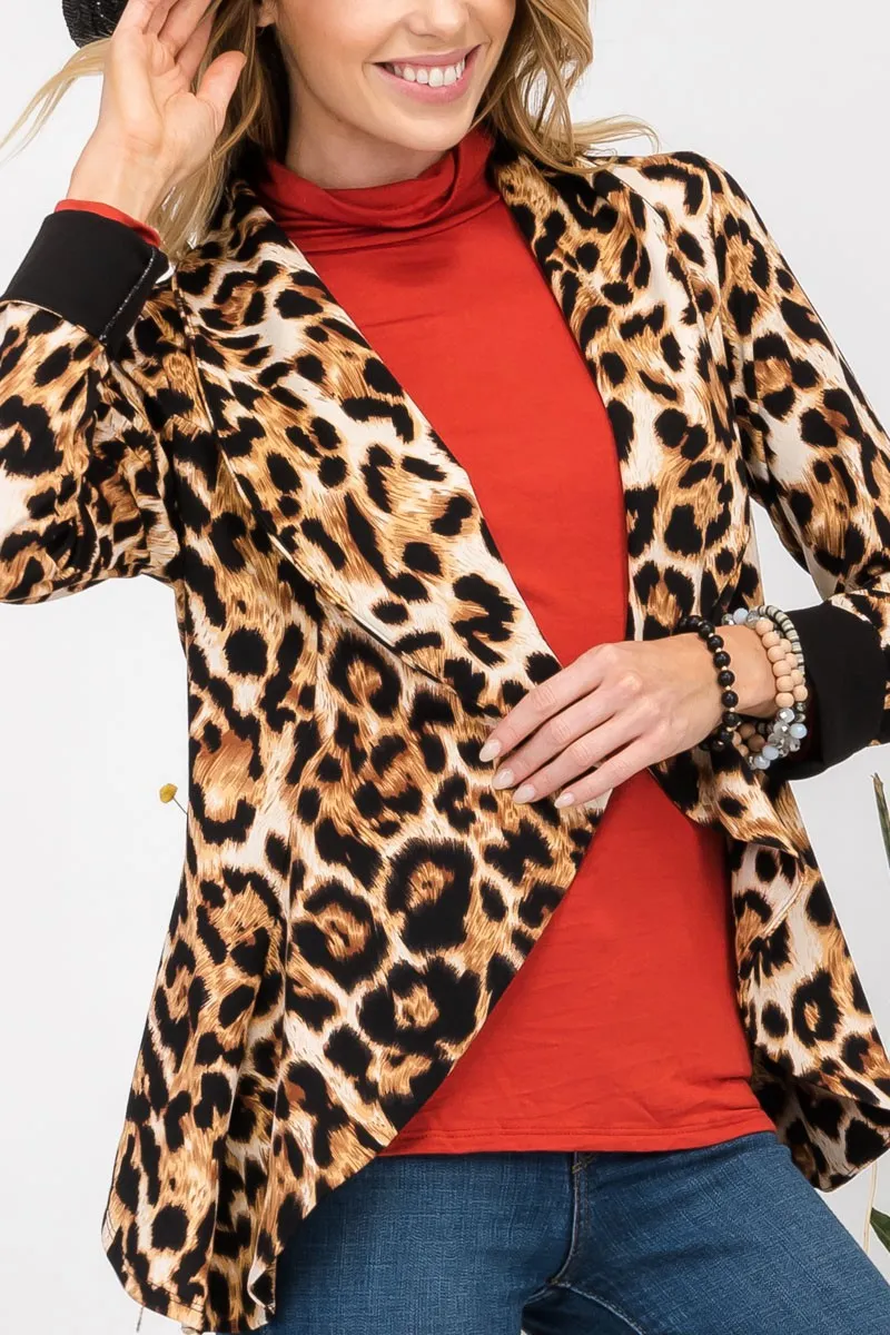 TEEK - Leopard Open Front Long Sleeve Blazer