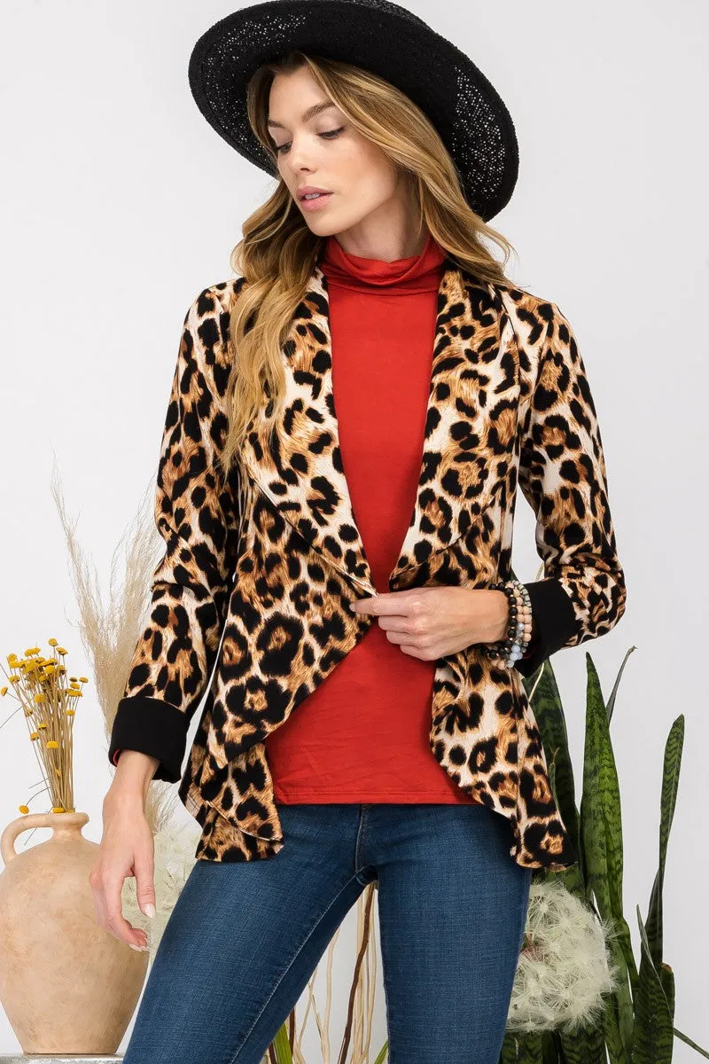 TEEK - Leopard Open Front Long Sleeve Blazer