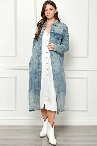 TEEK - Med-Wash Blue Distressed Raw Hem Pearl Button Up Jacket