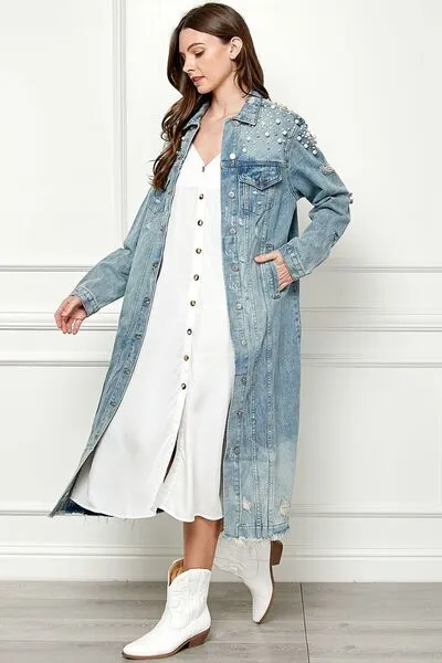 TEEK - Med-Wash Blue Distressed Raw Hem Pearl Button Up Jacket