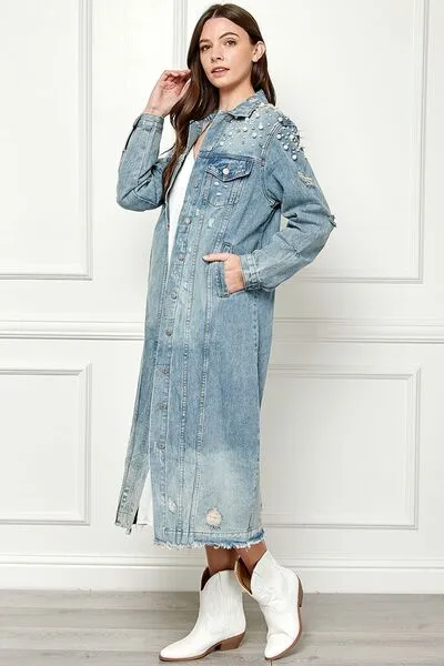 TEEK - Med-Wash Blue Distressed Raw Hem Pearl Button Up Jacket