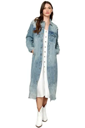 TEEK - Med-Wash Blue Distressed Raw Hem Pearl Button Up Jacket