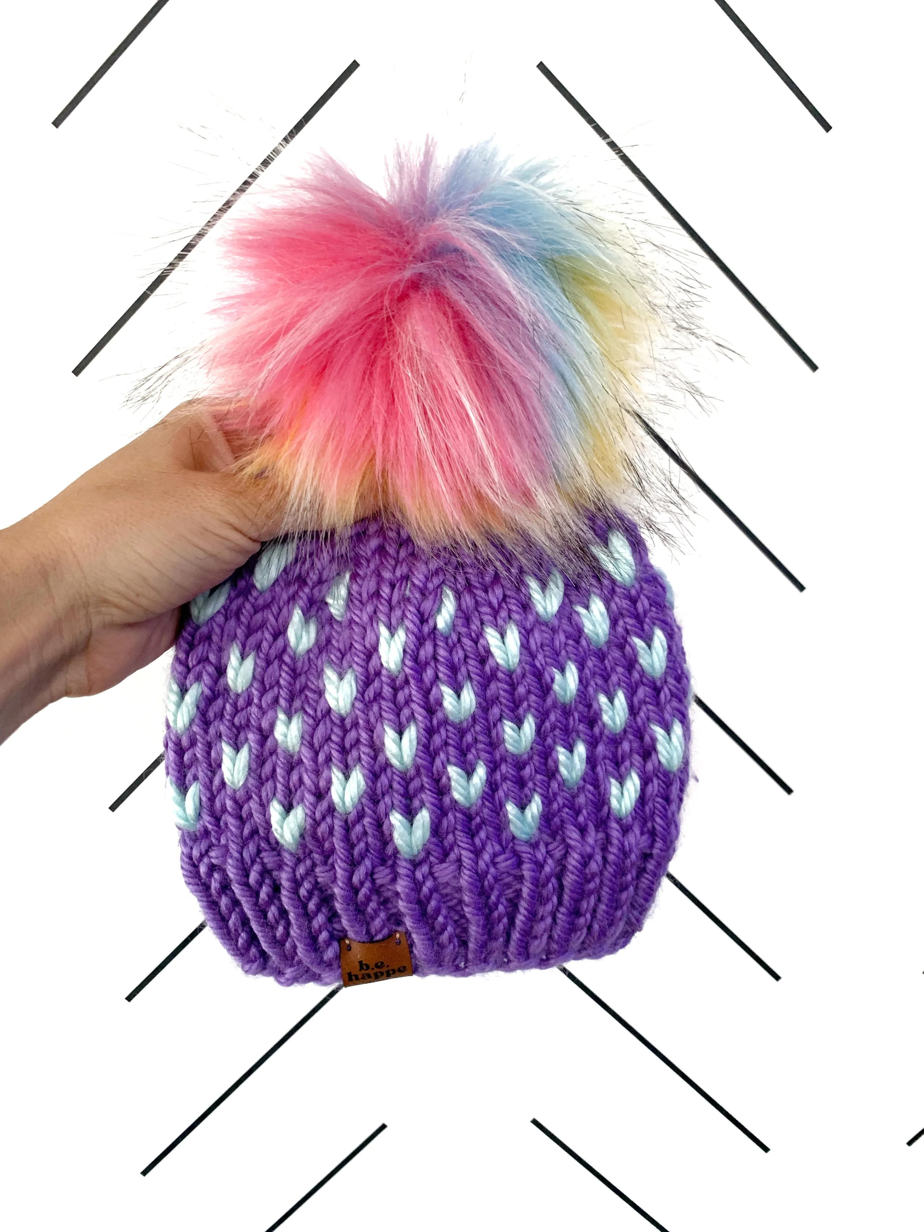 Toddler Knit Hearts Pom Hat | Wool Free Purple Rainbow