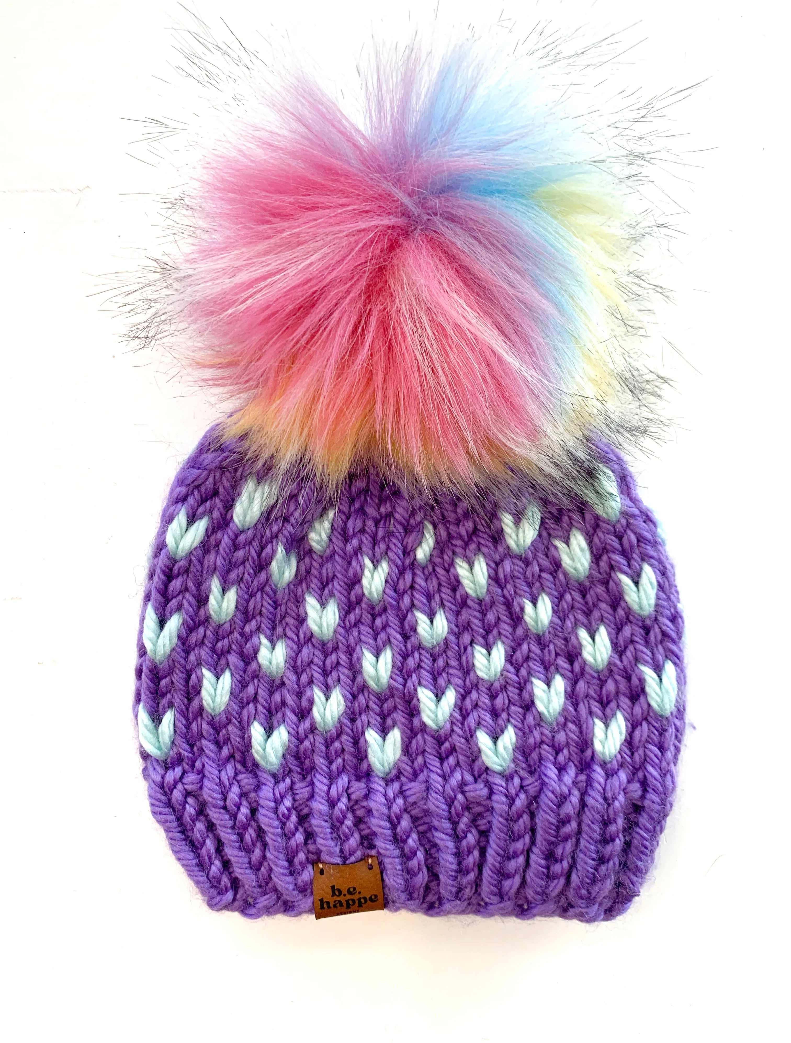 Toddler Knit Hearts Pom Hat | Wool Free Purple Rainbow