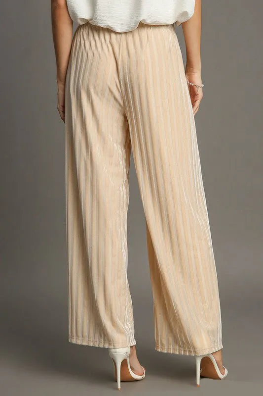 Umgee Elastic Waist Striped Wide Leg Velvet Pants