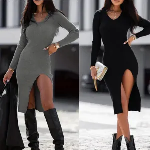 V-neck Solid Color Long Sleeve Casual Mid-length Slim Fit Dress