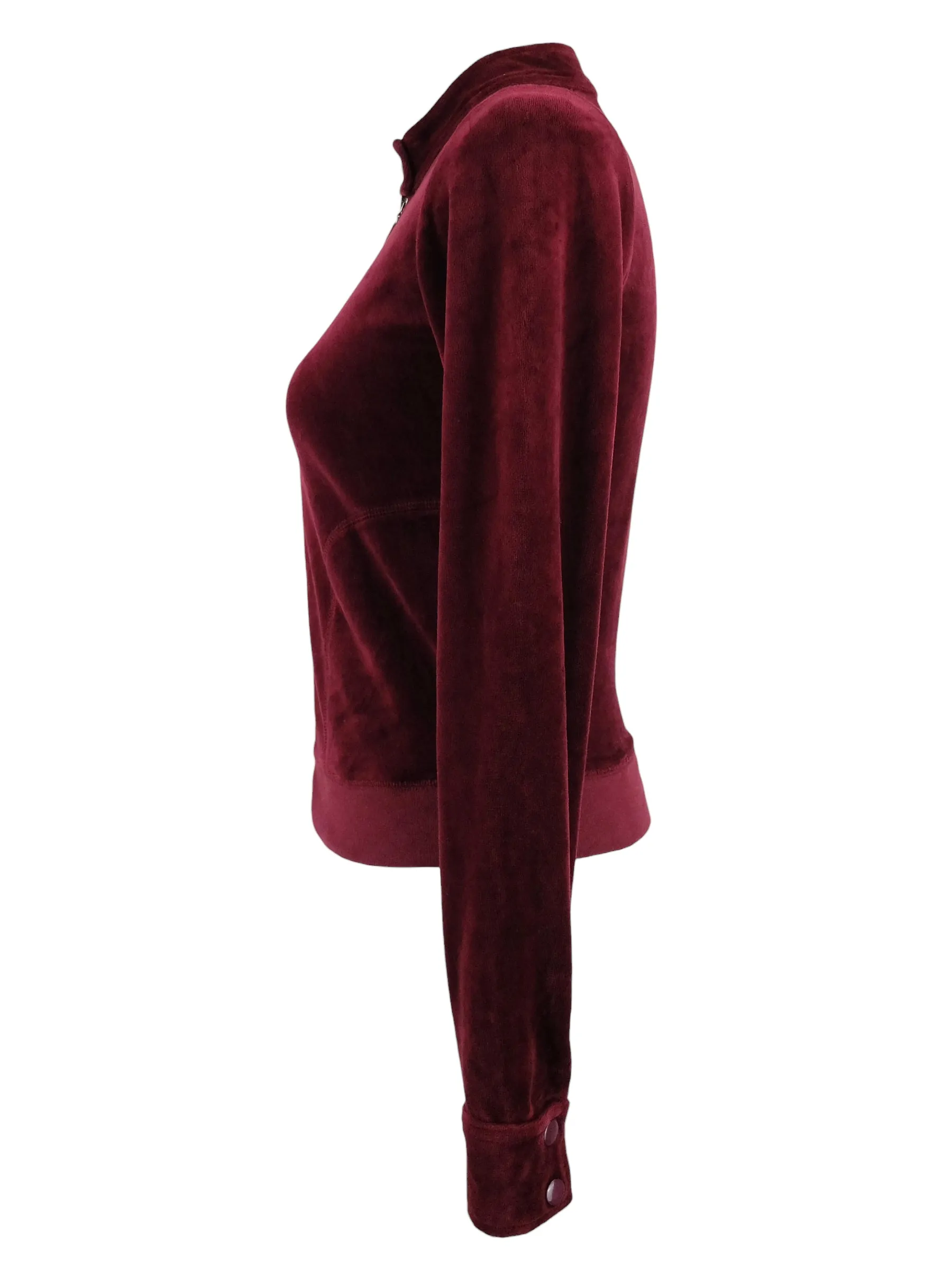 Vintage 2000s Y2K Juicy Couture Maroon Burgundy Velour Velvet Mockneck Zip Up Fitted Track Suit Jacket | Size S-M