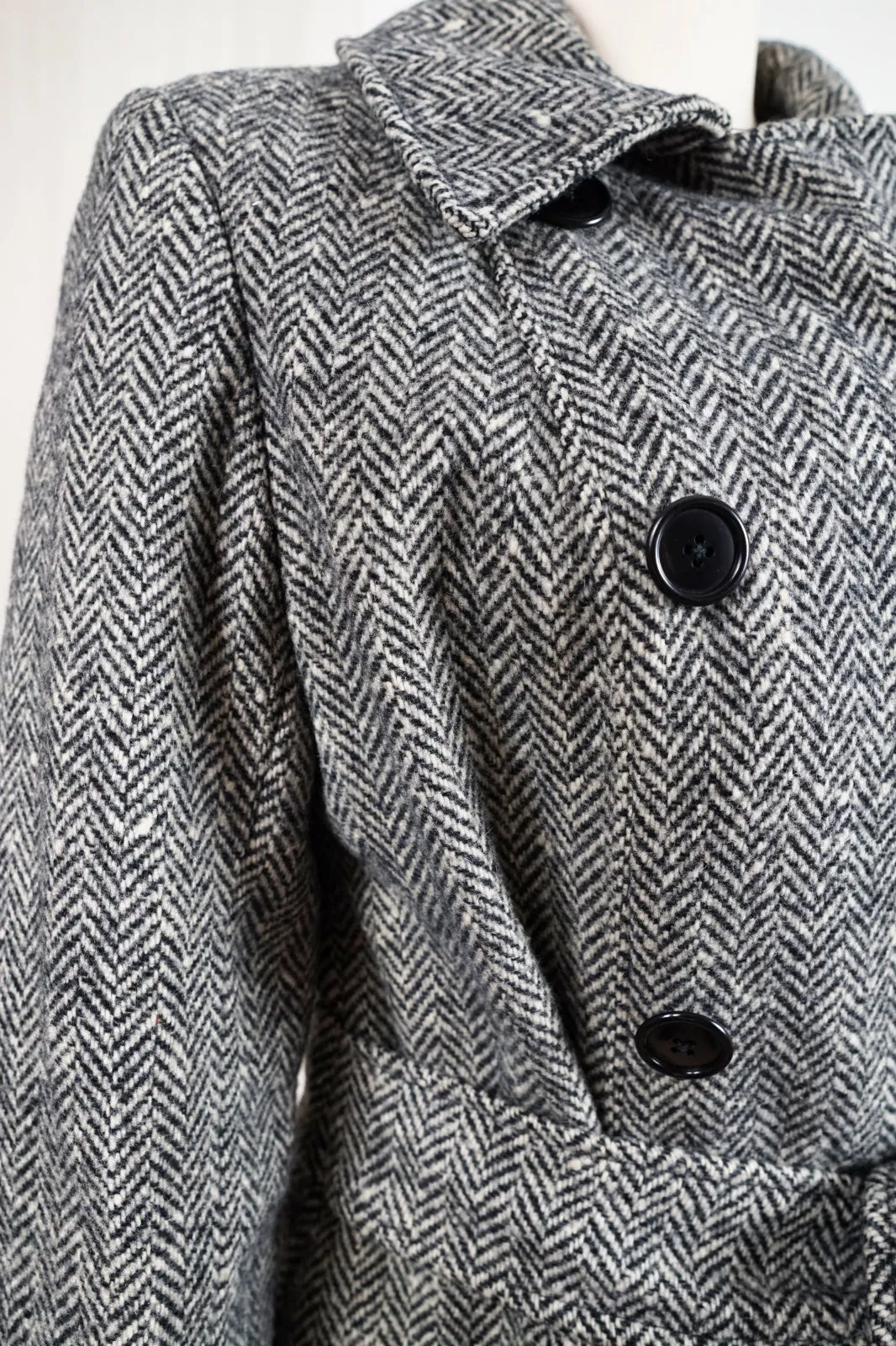 Vintage Herringbone Wool Belted Coat