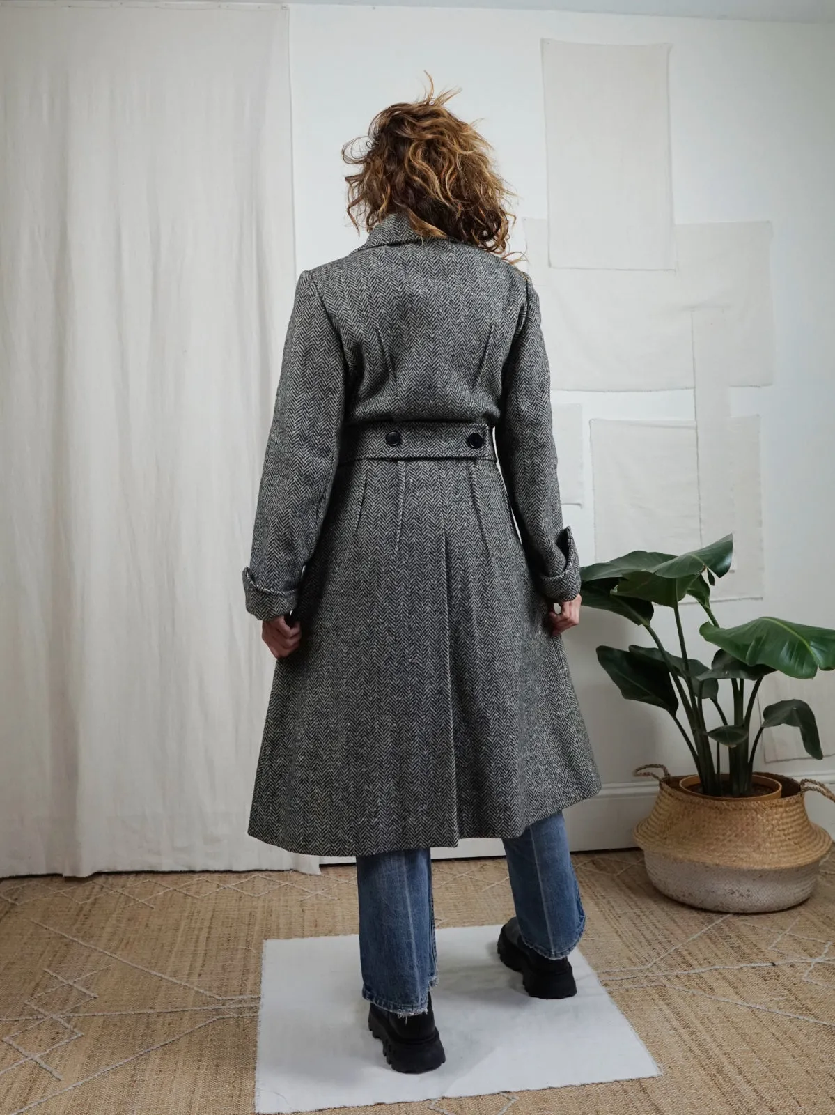 Vintage Herringbone Wool Belted Coat