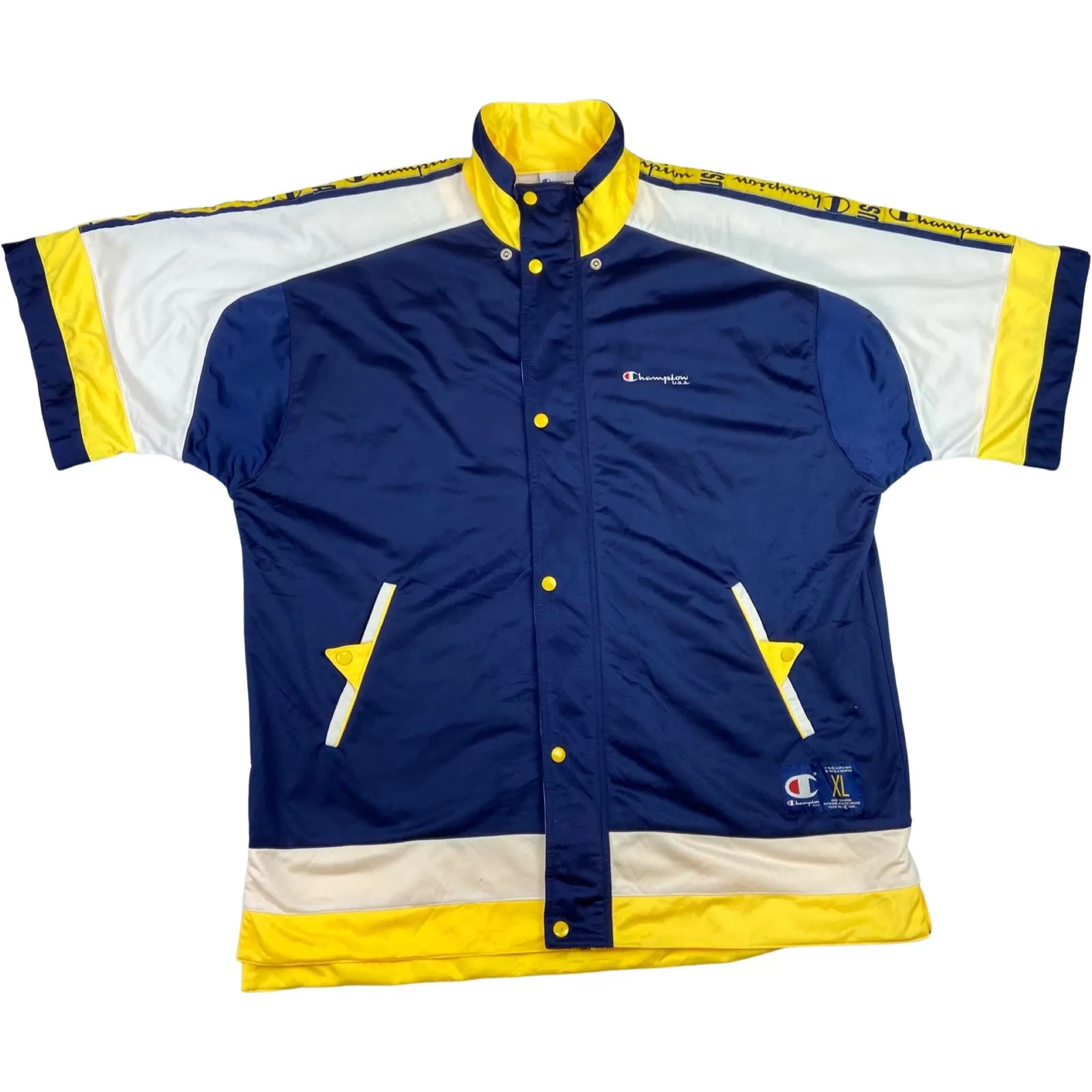 Vintage Nineties Blue, Yellow & White Champion Short Sleeve Track Jacket XXL