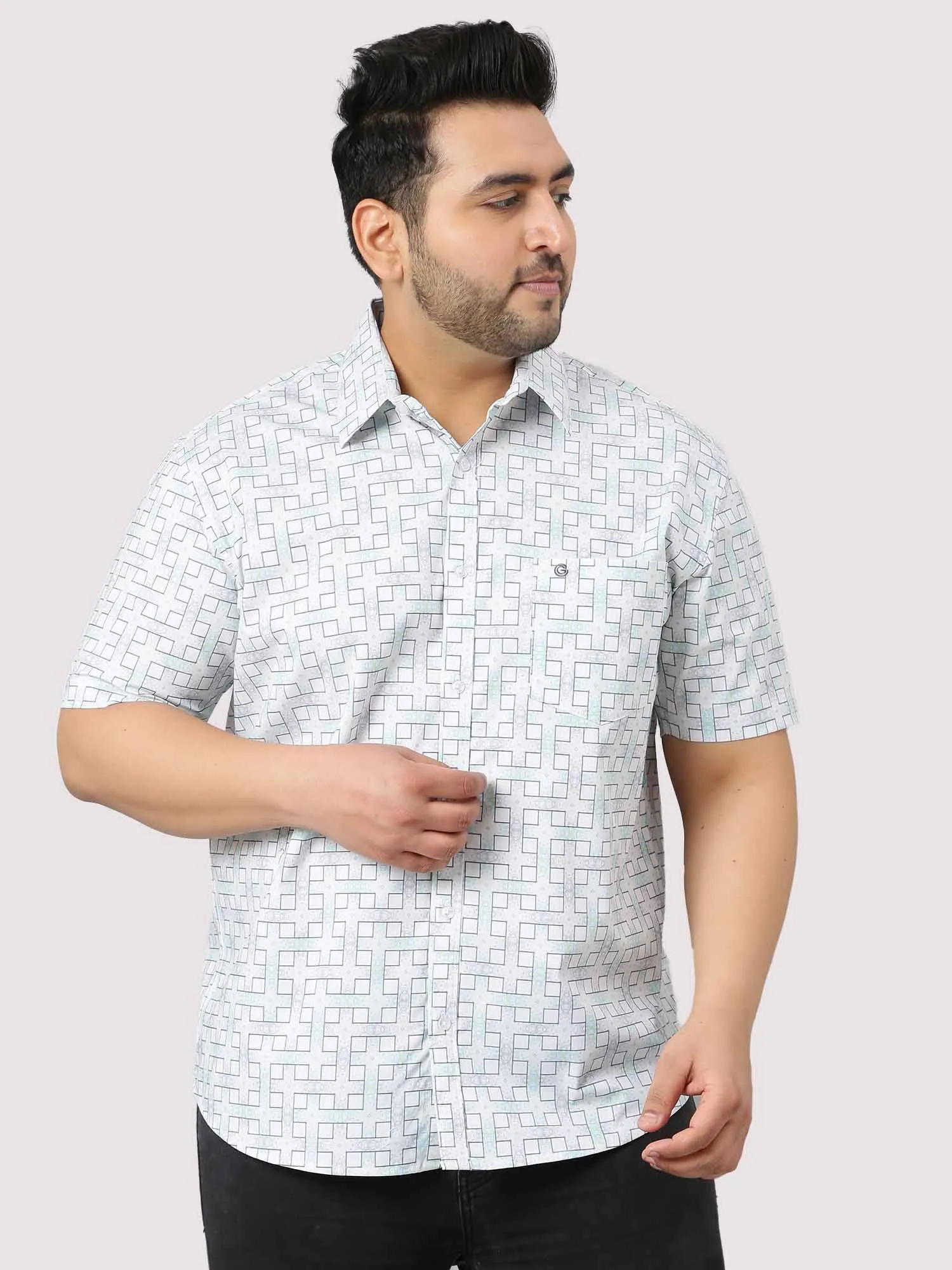 White Grey Connecting Checks Half Sleeve Shirt Men's Plus Size