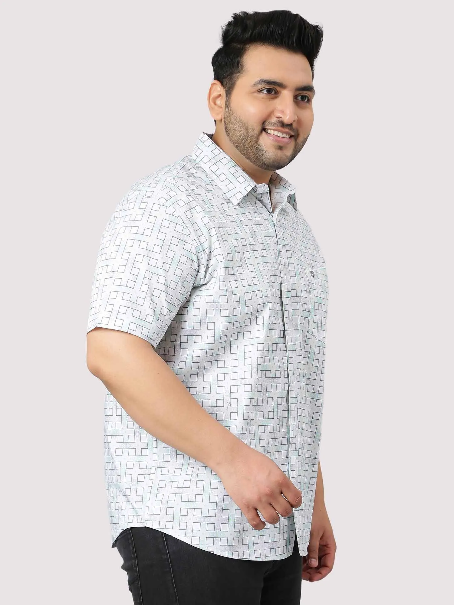 White Grey Connecting Checks Half Sleeve Shirt Men's Plus Size