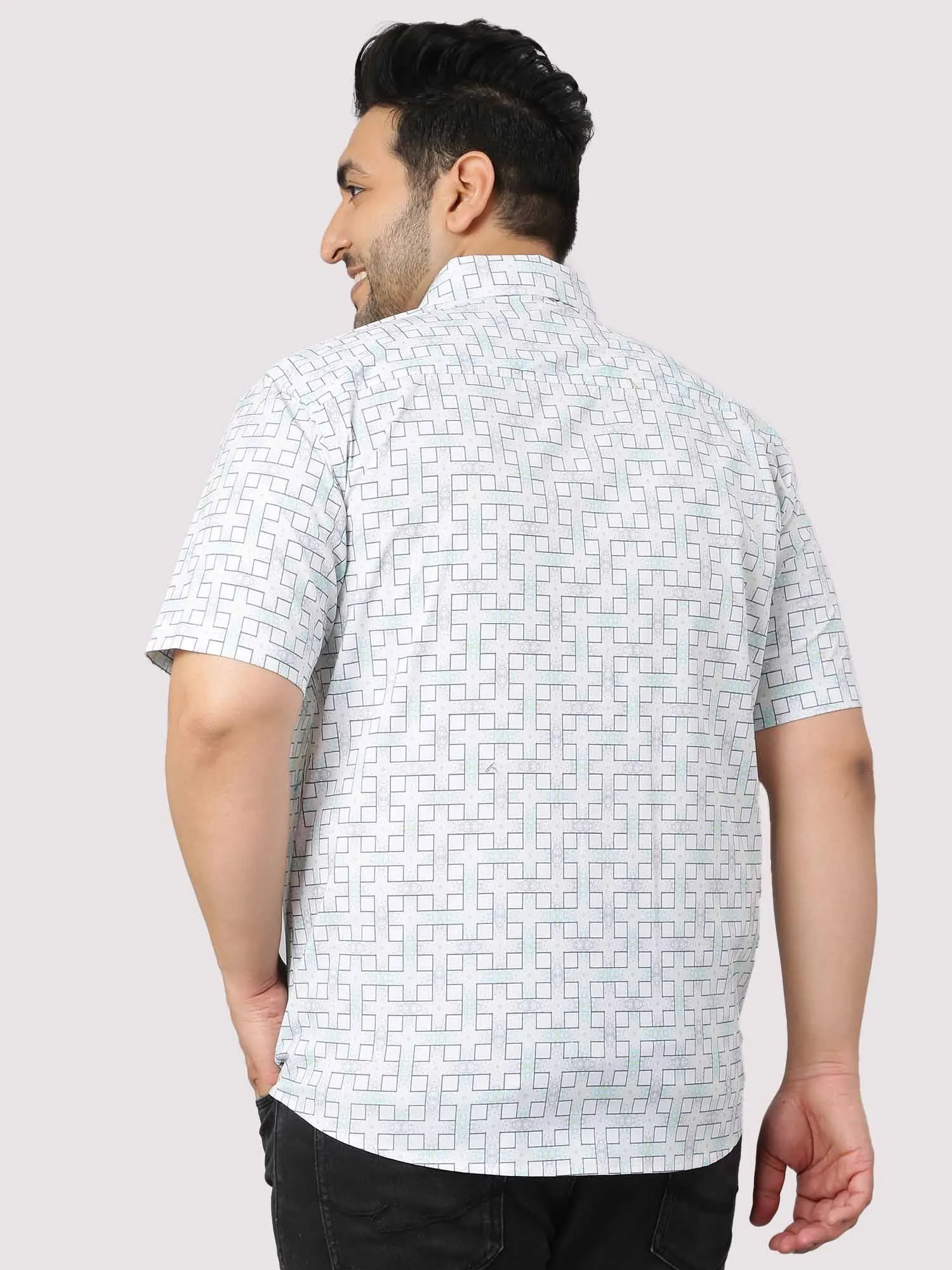 White Grey Connecting Checks Half Sleeve Shirt Men's Plus Size