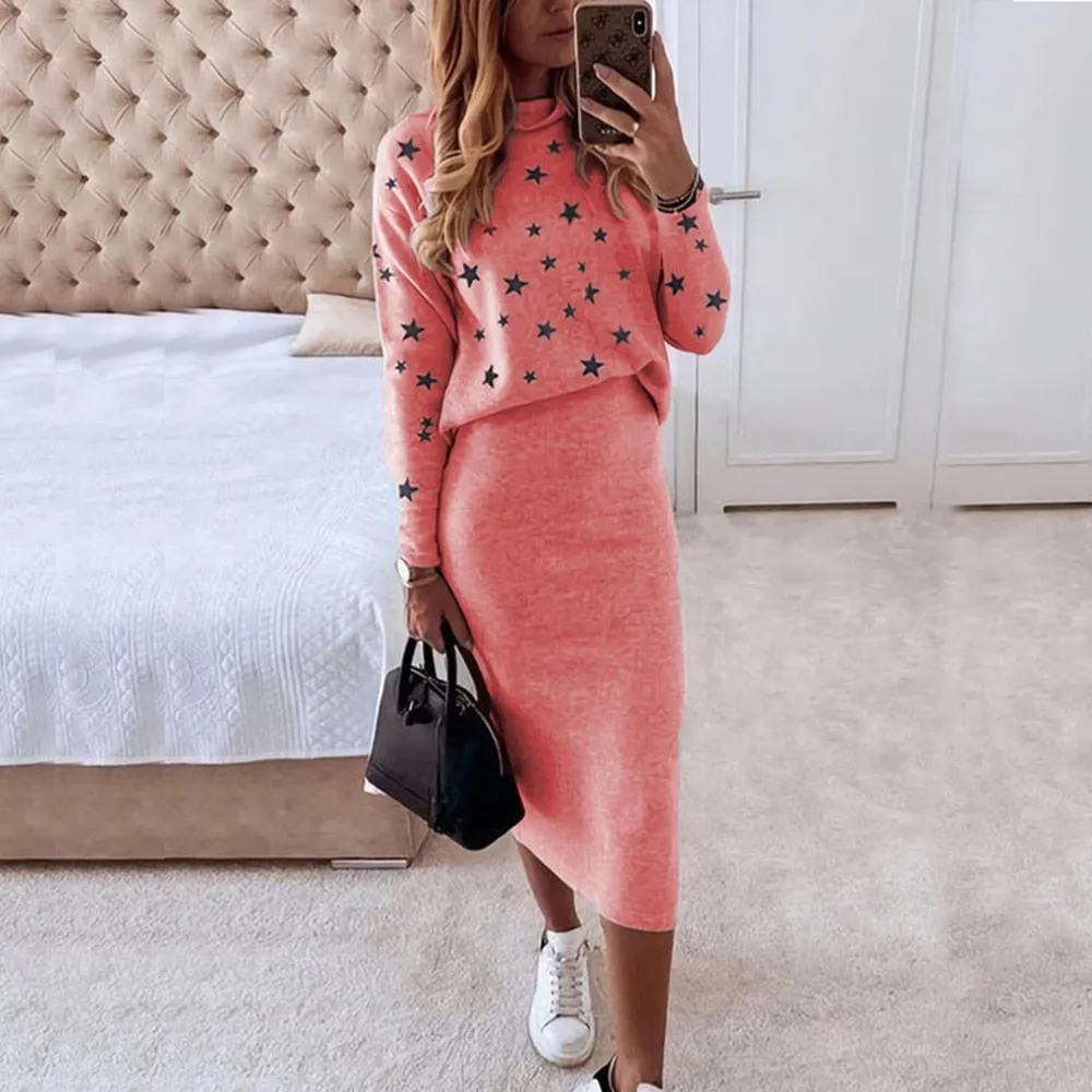 Wjczt Women Casual 2 Piece Set Autumn Winter Turtleneck Long Sleeve Loose Print Top   Slim Pencil Skirt 2022 Fashion Office Lady Suits