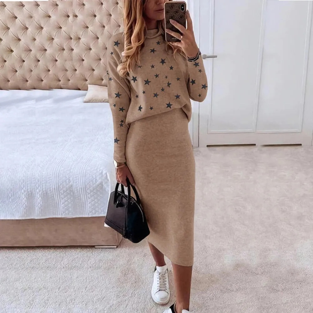 Wjczt Women Casual 2 Piece Set Autumn Winter Turtleneck Long Sleeve Loose Print Top   Slim Pencil Skirt 2022 Fashion Office Lady Suits