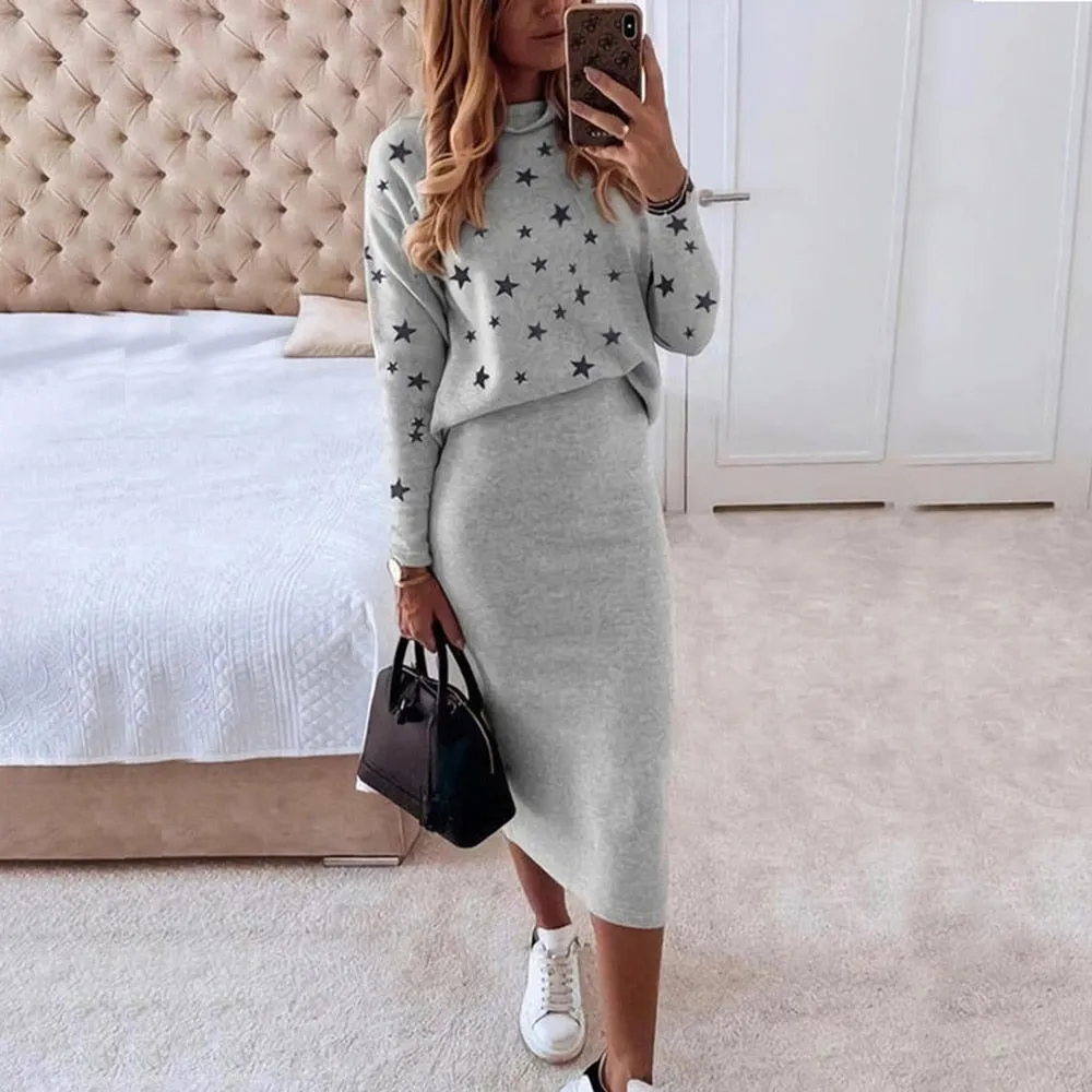 Wjczt Women Casual 2 Piece Set Autumn Winter Turtleneck Long Sleeve Loose Print Top   Slim Pencil Skirt 2022 Fashion Office Lady Suits