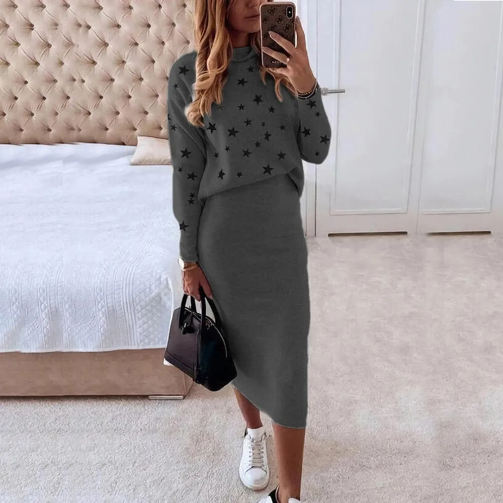 Wjczt Women Casual 2 Piece Set Autumn Winter Turtleneck Long Sleeve Loose Print Top   Slim Pencil Skirt 2022 Fashion Office Lady Suits