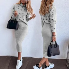 Wjczt Women Casual 2 Piece Set Autumn Winter Turtleneck Long Sleeve Loose Print Top   Slim Pencil Skirt 2022 Fashion Office Lady Suits