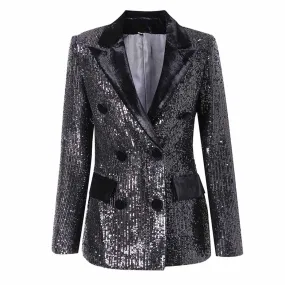 Women Black Sequins Blazer Double Breasted Blazer