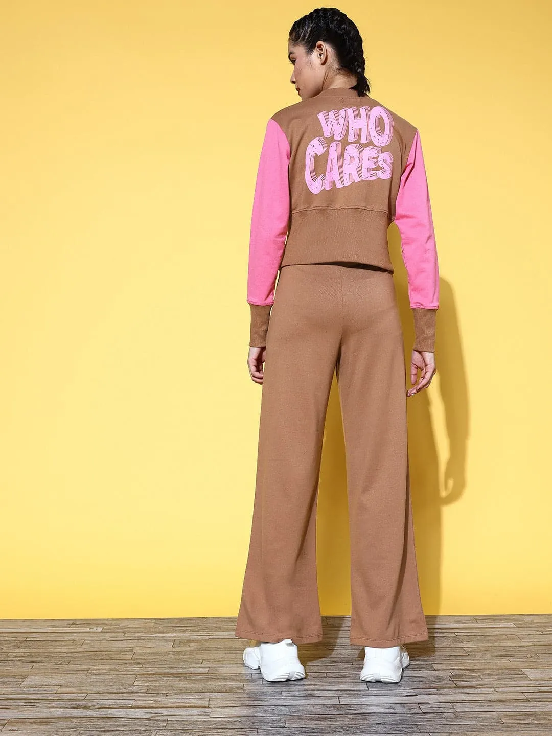 Women Brown Who Cares Color Jacket With Track Pants