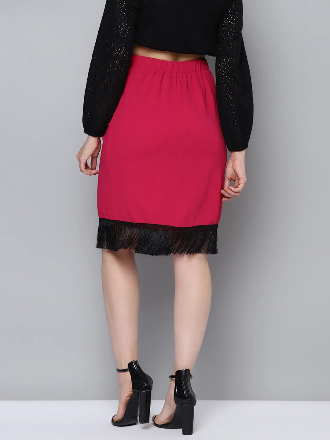 Women Fuchsia Fringe Lace Skirt