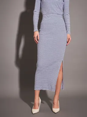 Women Navy & White Striped Rib Pencil Skirt