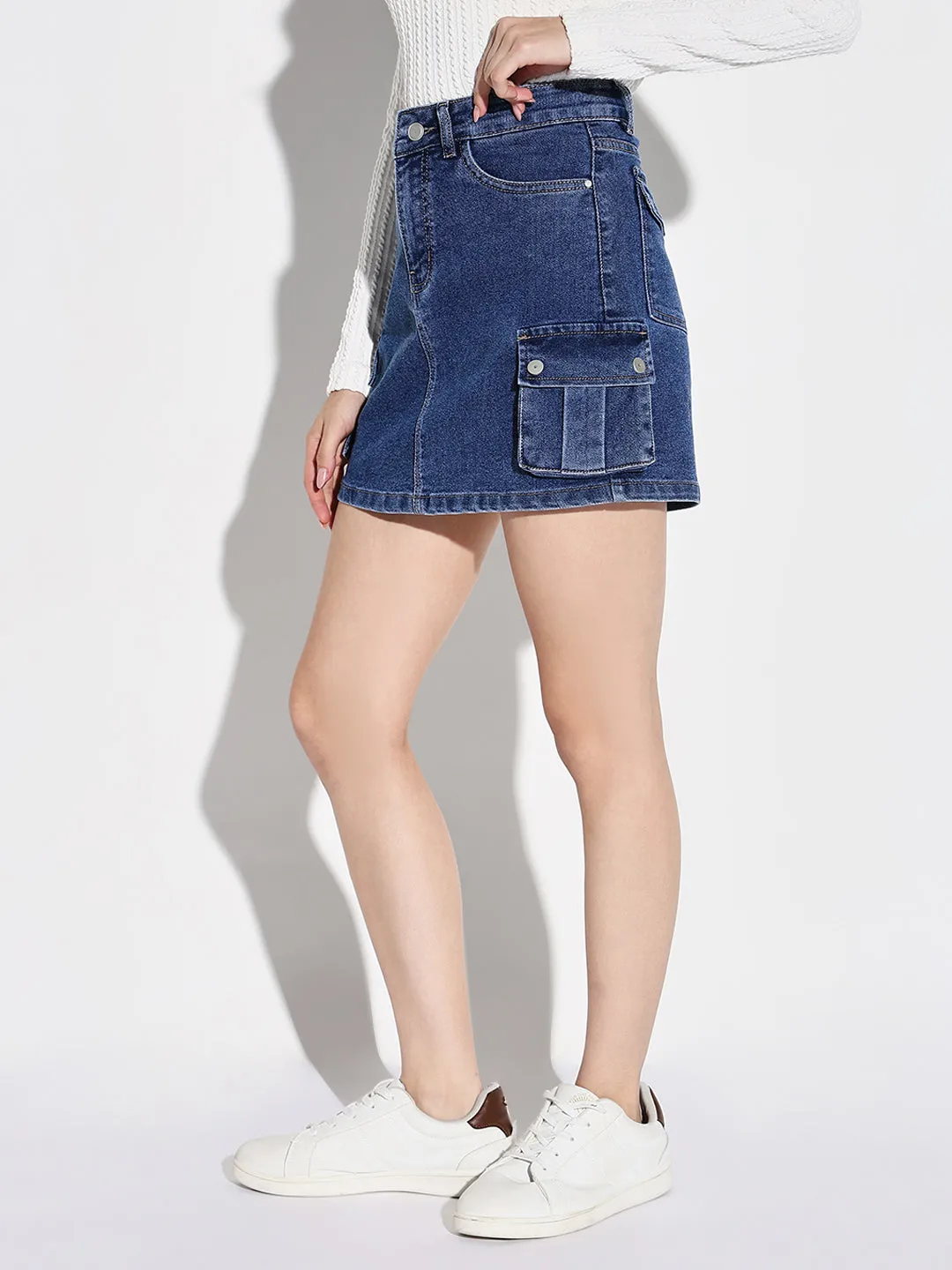 Women Navy Blue Solid Pencil Denim Skirt