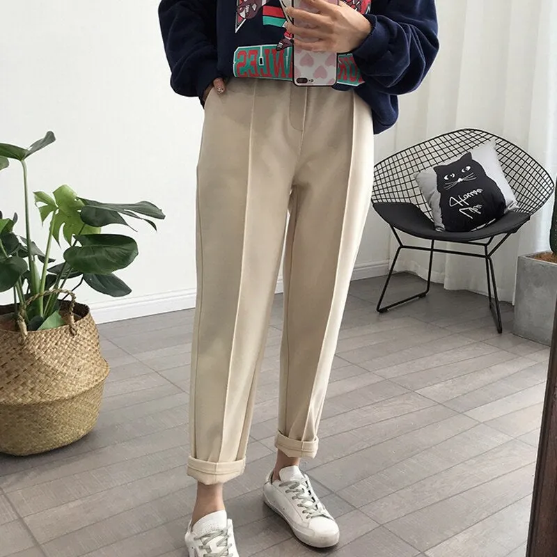 Women Winter Pencil Pants Thicken Warm Wool Solid Casual Loose High Waist Trousers Female Ankle-Length Straight Work Suit Pants