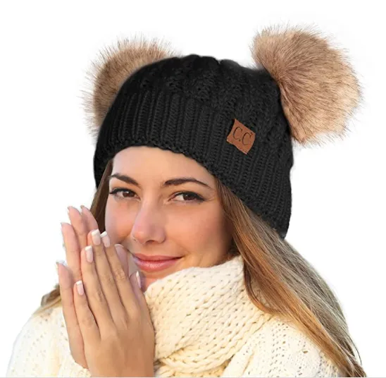 Women's Solid Winter Double Pom Pom Beanie Hat (HAT2055, HAT2055-S)