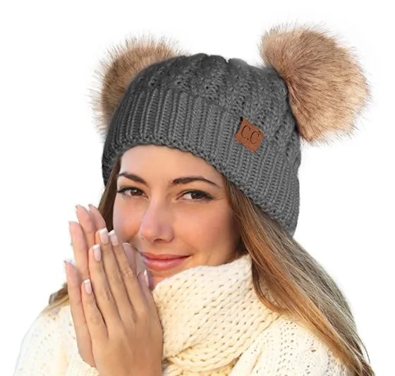 Women's Solid Winter Double Pom Pom Beanie Hat (HAT2055, HAT2055-S)