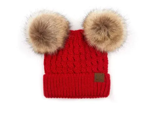 Women's Solid Winter Double Pom Pom Beanie Hat (HAT2055, HAT2055-S)