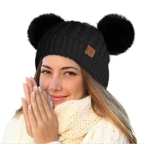 Women's Solid Winter Double Pom Pom Beanie Hat (HAT2055, HAT2055-S)