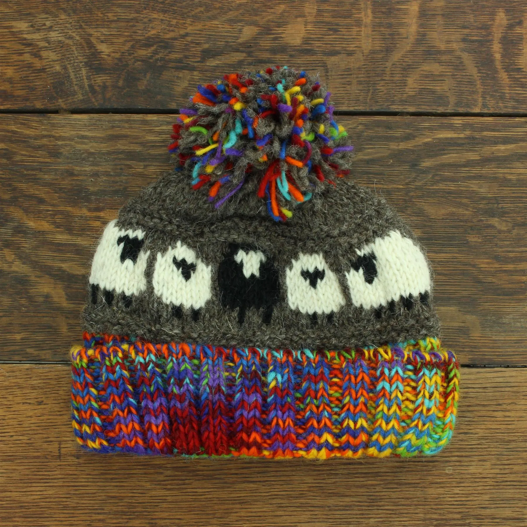 Wool Knit Bobble Beanie Hat - Sheep - Grey Rainbow